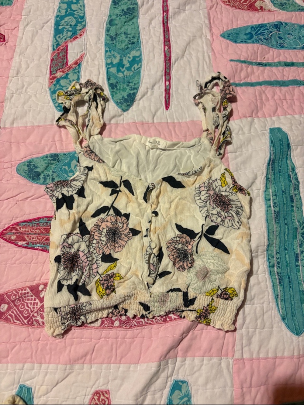 Honey Belle Cream Floral Smocked Crop Top with Pink & Black Accents